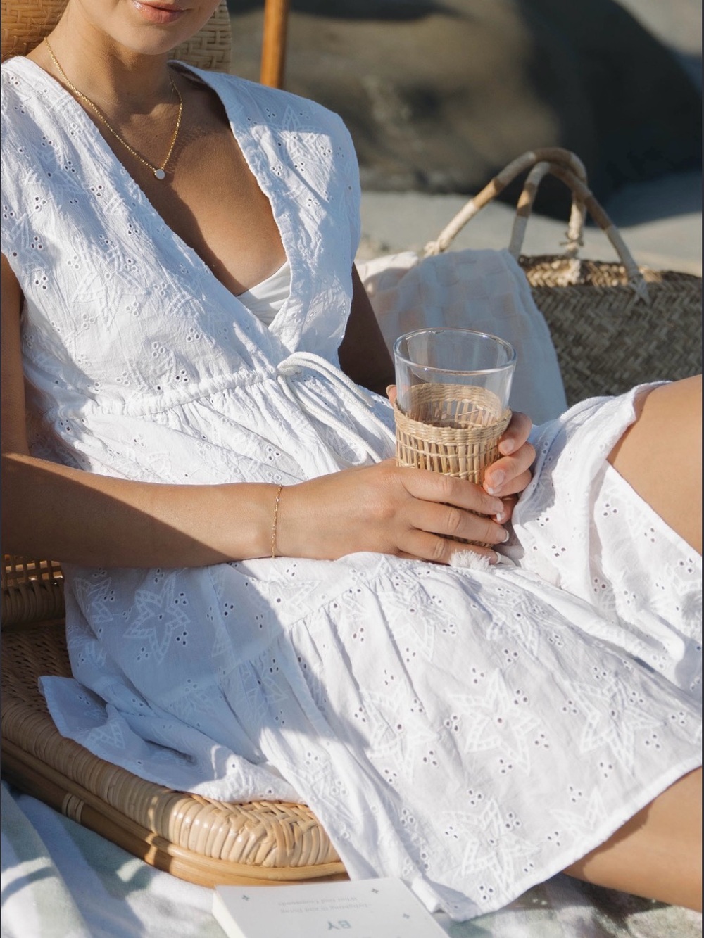 Sitano White Eyelet Starfish Ruffle Tier V-neck Sleeveless Midi Dress